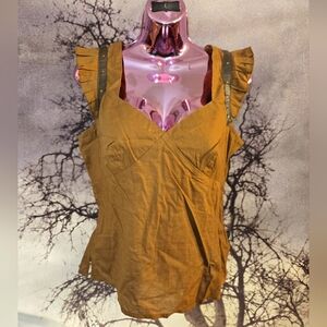Vintage Goth Steampunk Women's Brown Ruffle Strap Top L